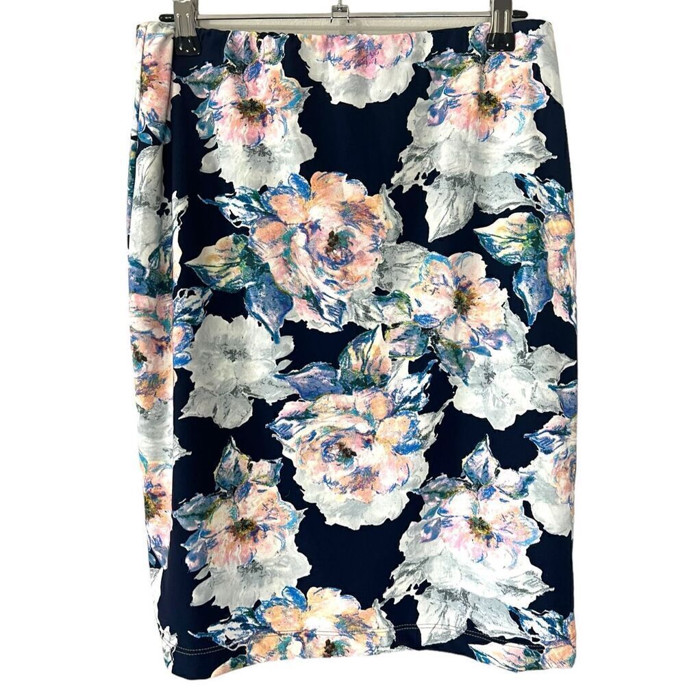 Floral Pencil Skirt - Navy with White & Pink Blossoms